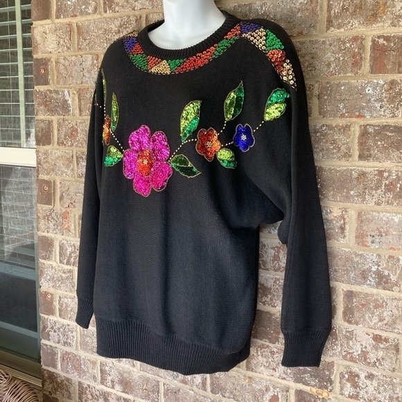 Mister Noah 20W Sequined Sweater Pullover Floral Flowers 90s Knit - Picture 2 of 13